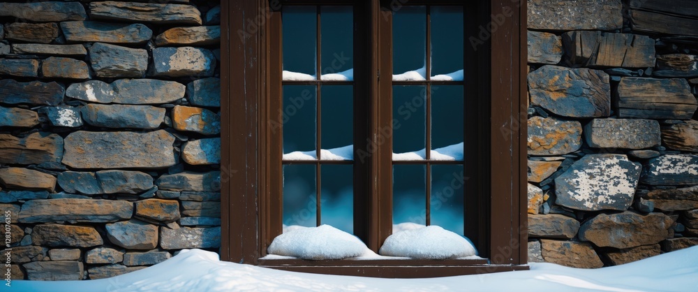 Poster close-up of a rustic dark brown wooden window with snow at the base against an old stone wall creati