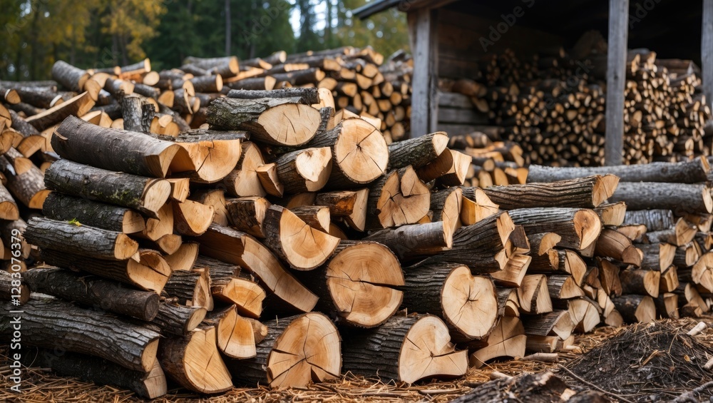 Poster stacked firewood drying in preparation for winter, surrounded by a rustic woodpile and forested back