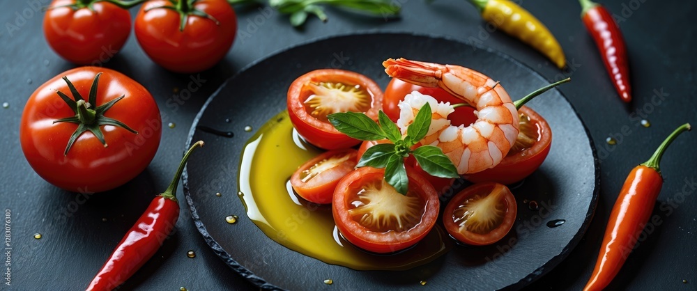 Poster fresh shrimp with sliced tomatoes and chili peppers in lemon oil on a black slate plate preparing cu