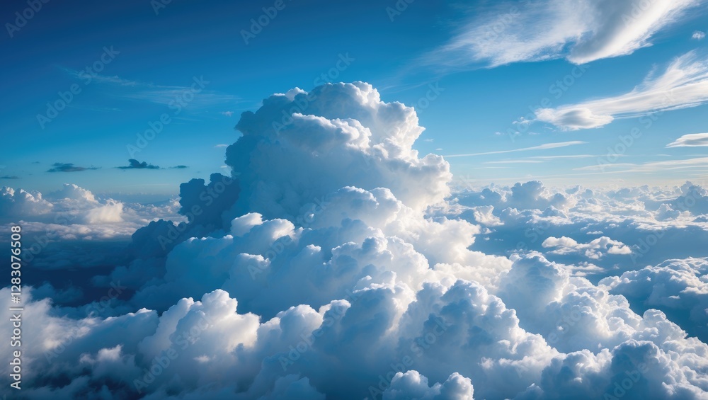 Poster Aerial View of Fluffy White Clouds Against a Deep Blue Sky Creating a Serene and Inviting Atmosphere Perfect for Relaxation and Daydreaming