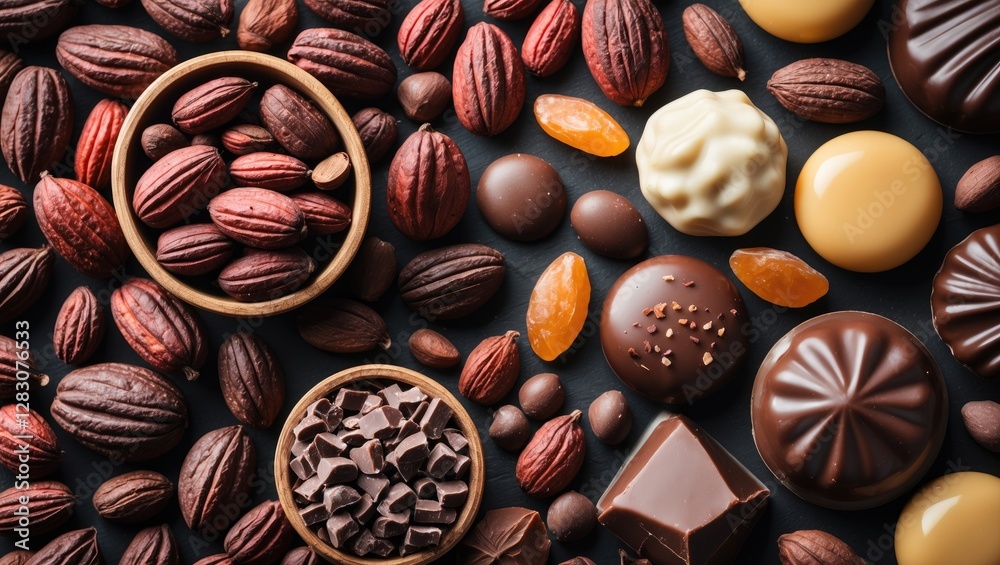 Fototapete assortment of chocolate candies with cocoa beans and nuts arranged in an appealing layout for desser