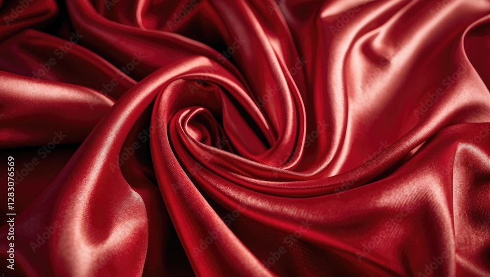 Poster Luxurious red silk fabric elegantly draping in intricate folds showcasing rich texture and depth for fashion or textile backgrounds.