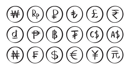 Hand drawn doodle set currency symbol. Currencies of different countries icons circle