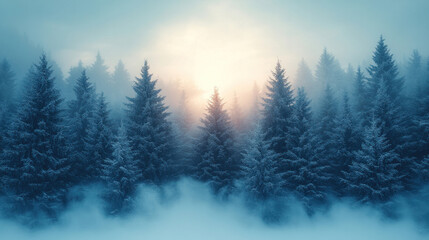 Fototapeta premium Winter background featuring snow-covered pine trees under a pale blue sky with soft sunlight