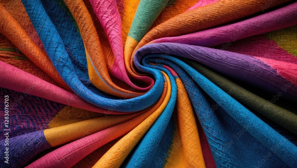 Poster Vibrant colorful fabric texture background showcasing various textile patterns and hues in a spiral arrangement for creative design use.