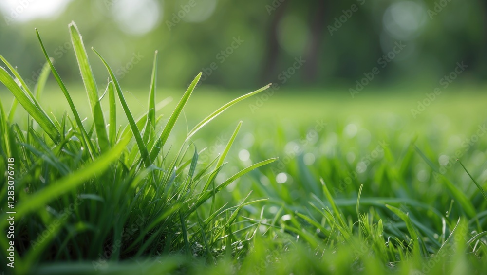 Canvas Prints Close-up of Dewy Fresh Green Grass in Lush Outdoor Environment with Soft Blurry Background Creating a Tranquil Natural Scene