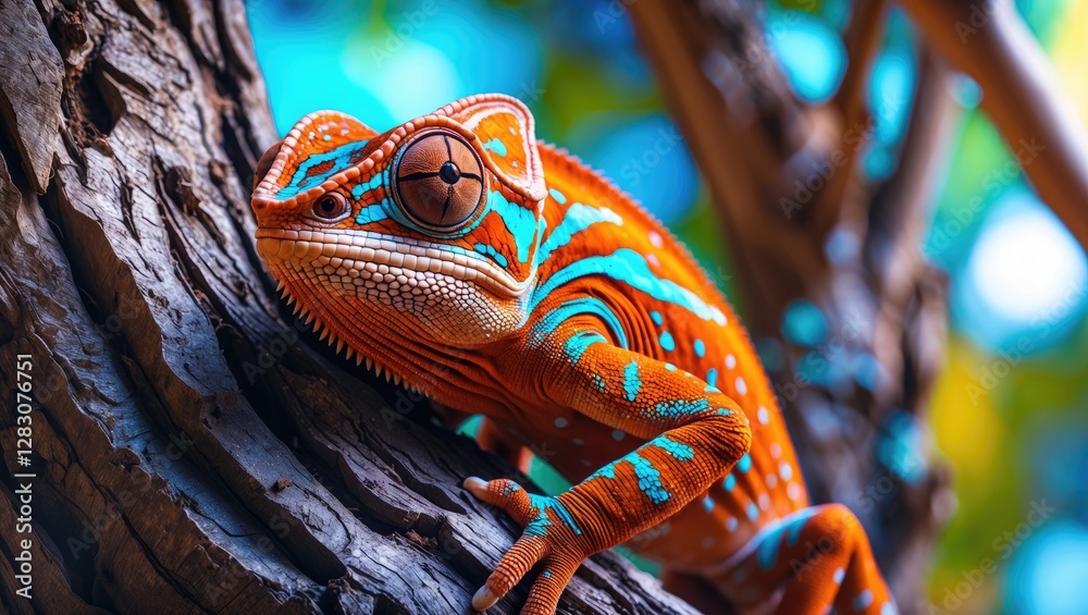 Poster Vibrantly colored chameleon perched on a textured tree branch showcasing its intricate patterns and striking colors in a natural setting.