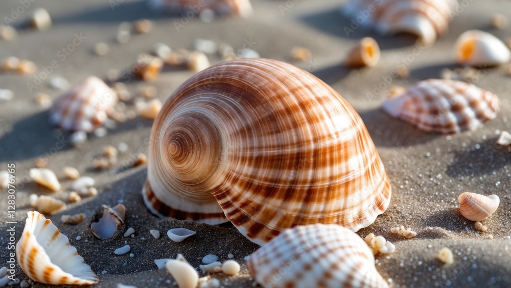 Poster close-up view of a brown seashell on sandy beach with small shell fragments and grains of sand enhan