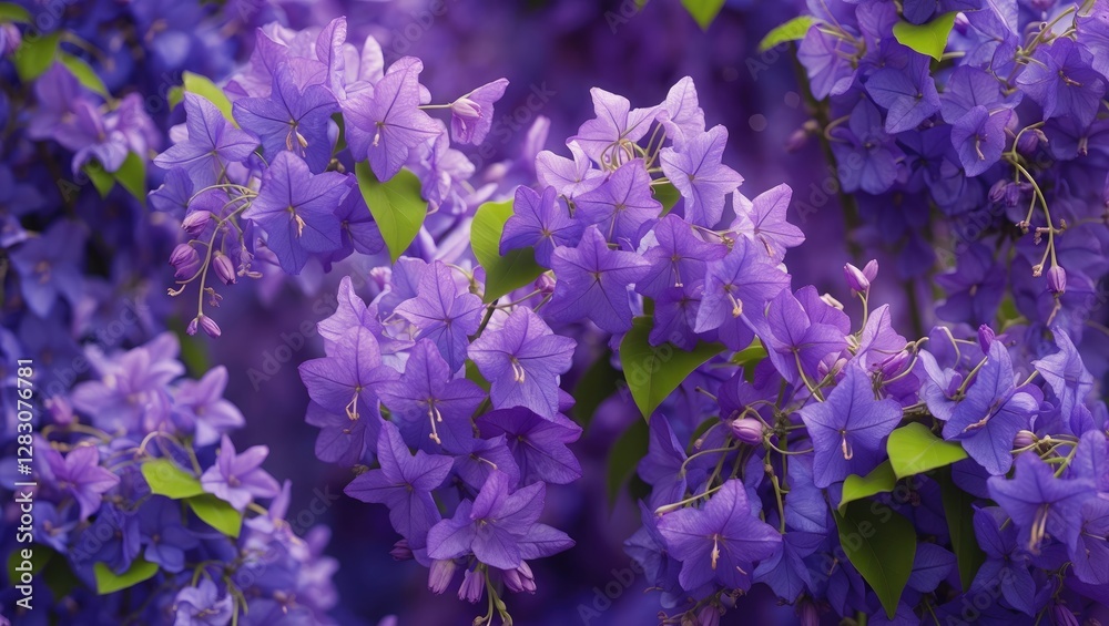 Sticker Vibrant clusters of purple flowers with green leaves in natural setting close-up detail botanical photography