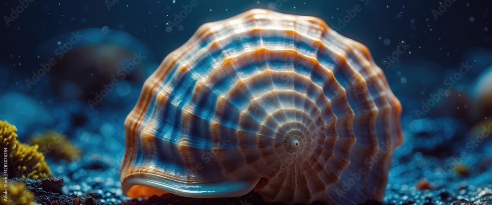 Poster closeup of a vibrant seashell illuminated by soft underwater light against a backdrop of gravel and 