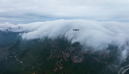 Drone Flying Kowloon Peak in Mist, Hong Kong