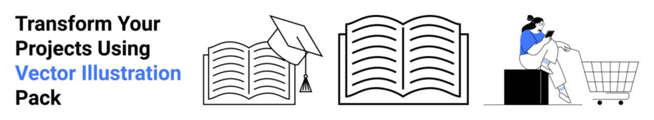 Open books, graduation cap, person shopping online using a laptop. Ideal for education, e-commerce, digital tools, book learning, academic success, online retail flat landing page banner