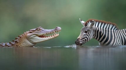 Crocodile lunging out of water at a zebra drinking at the river edge, frozen mid-action, isolated on a cinematic green background