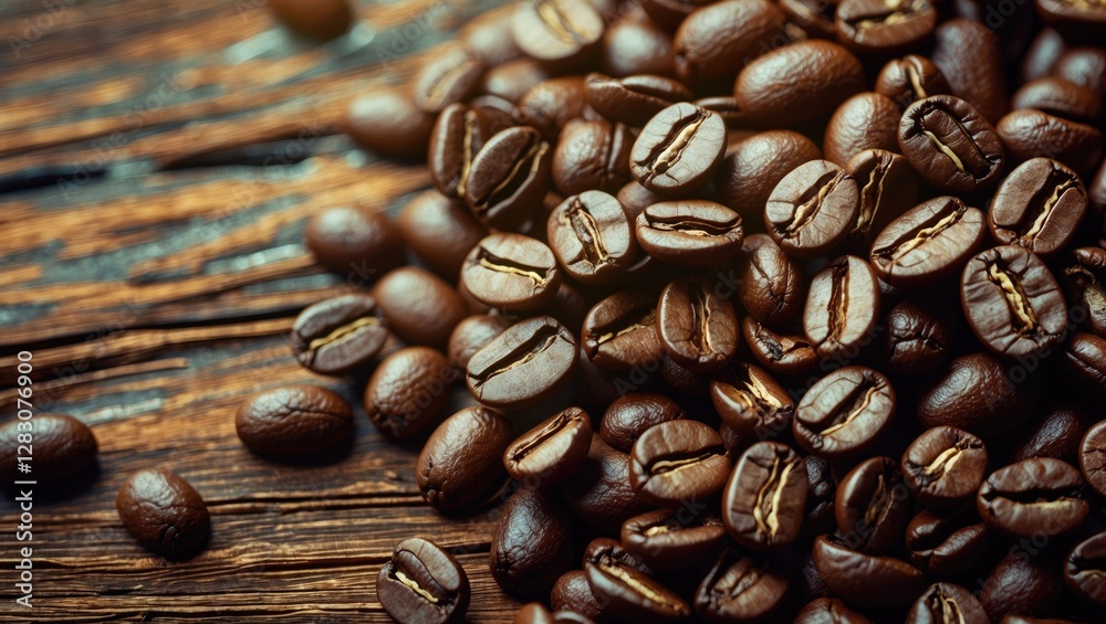 Poster freshly roasted coffee beans scattered on rustic wooden surface, showcasing rich texture and color f