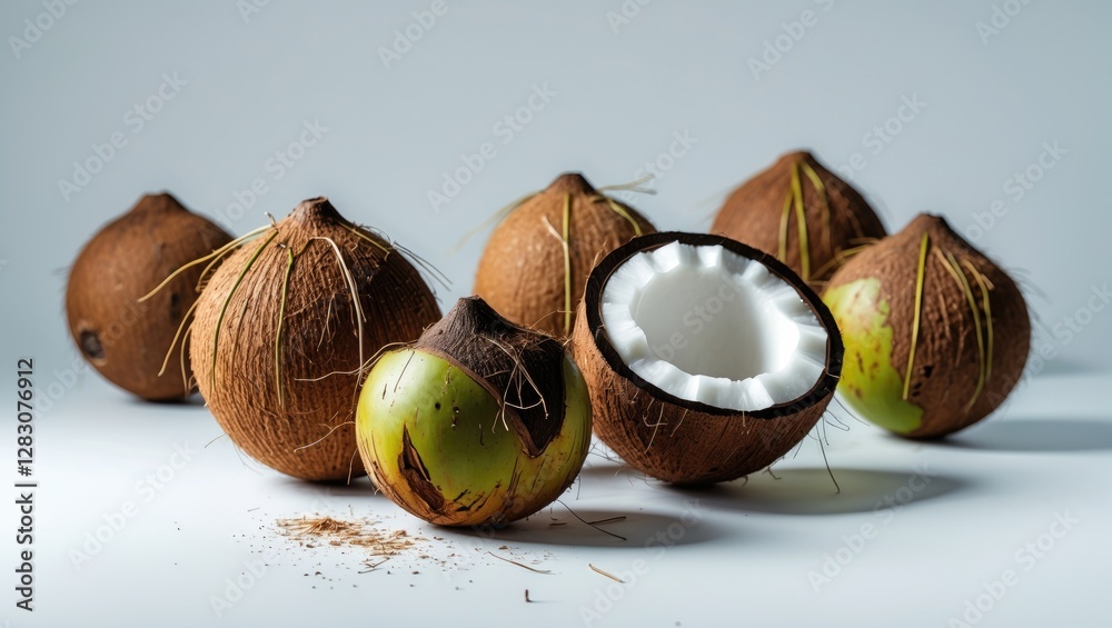 Poster Fresh coconuts with outer husks and one coconut sliced open showcasing the inner white flesh on a clean white background.