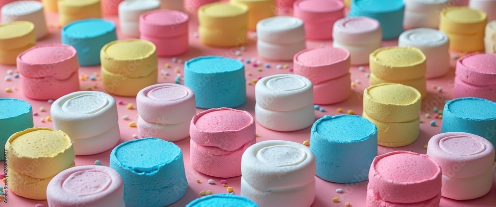 Poster Colorful marshmallows arranged in a textured pattern on a pastel pink background, creating a vibrant and playful visual display.
