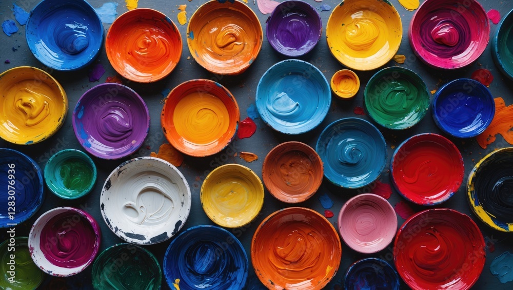 Aufkleber Vibrant array of paint palette bowls showcasing assorted colors on textured surface perfect for artistic backgrounds and creative designs.