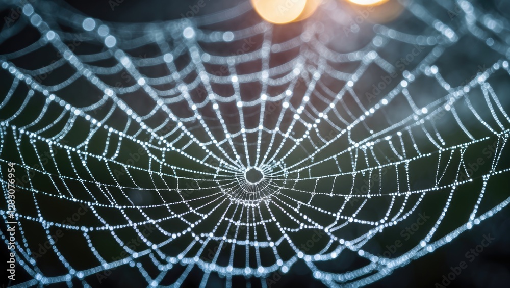 Poster Intricate close-up of a spider's web glistening with dew droplets creating a beautiful bokeh effect in a blurred natural background.