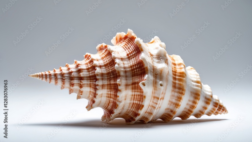 Poster Close up view of a beautifully detailed conch shell showcasing its intricate patterns against a clean white background.