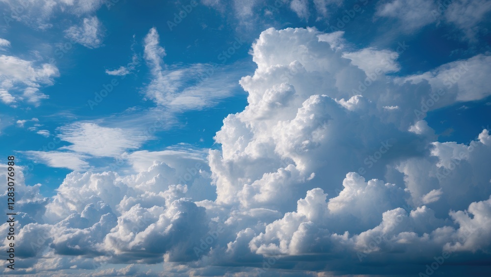 Poster majestic cumulus clouds against a bright blue sky creating a serene and uplifting atmosphere suitabl