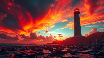 Obraz premium lighthouse sunset ocean view landscape