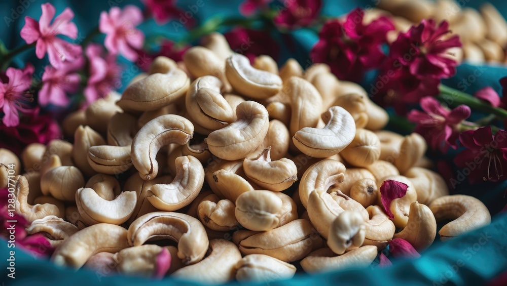 Poster raw cashew nuts arranged beautifully with colorful flowers in a vibrant setting showcasing their nat