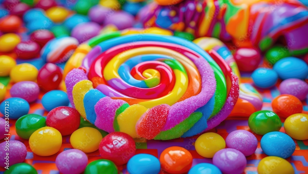 Poster vibrant assortment of colorful candies and lollipops arranged playfully on a bright patterned backgr