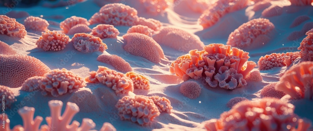 Poster close up of vibrant coral sand with intricate textures and soft colors illuminated by natural light 