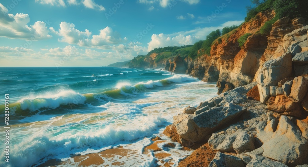 Poster serene summer seascape showcasing waves crashing against rugged cliffs under a clear blue sky with f