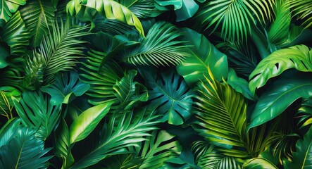 Tropical lush green foliage background with various types of palm and leaf plants in natural arrangement