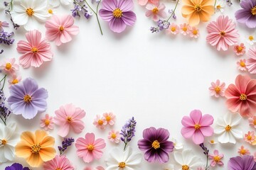 Fototapeta premium A whimsical cluster of pastel flowers on a white background, perfect for greeting cards for Mother's Day, weddings, or springtime festivities with ample space for text.