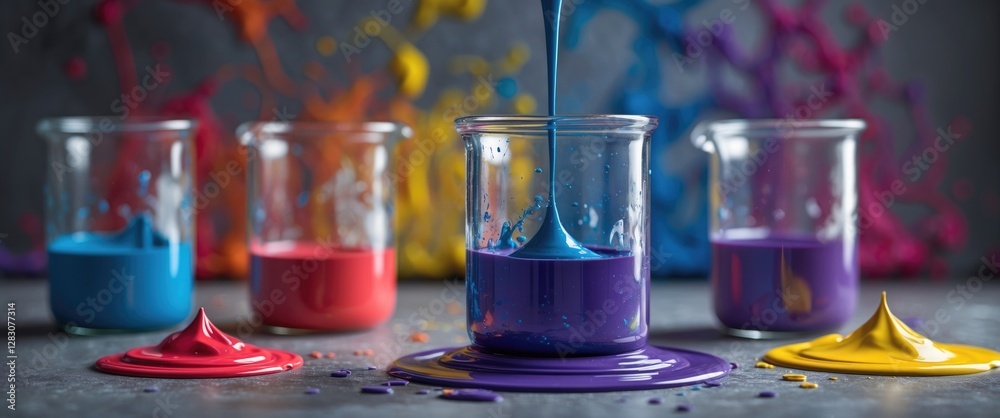 Poster Vibrant colored paints spilling from a glass beaker with splashes in the background creating an artistic and creative atmosphere.