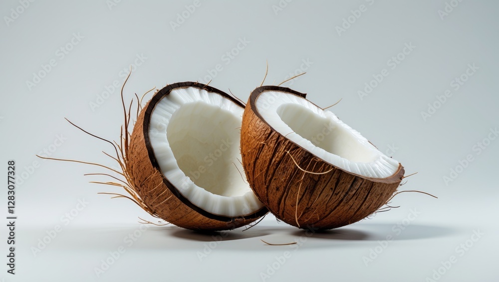 Poster coconut halves isolated on a white background showcasing the texture and internal structure of this 
