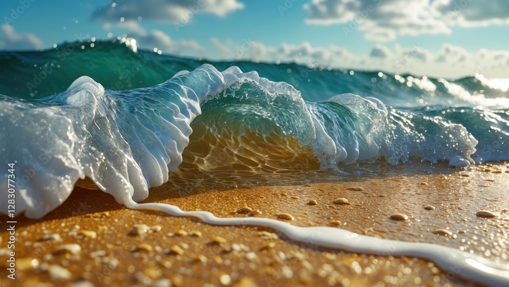 Poster close up of sea waves crashing on golden sandy beach under a bright summer sky creating a serene and