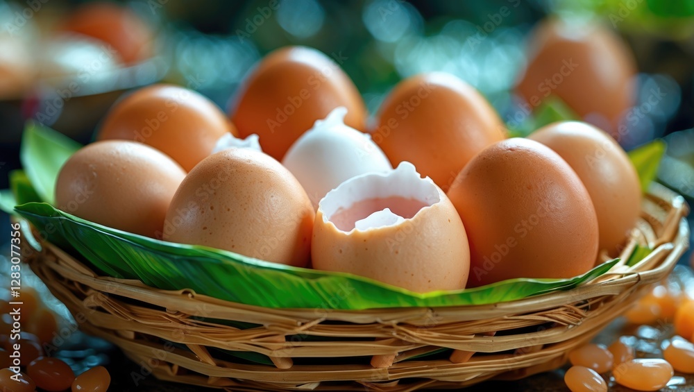 Poster closeup view of a wicker basket containing salted eggs with one cracked open placed on vibrant green