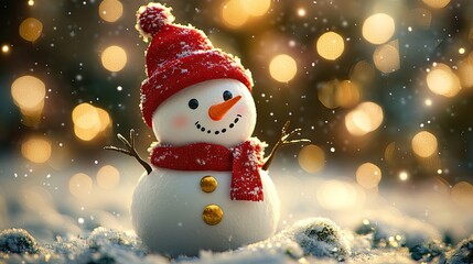 Cartoon of a cute little snowman with a red hat and scarf, celebrating winter and Christmas, perfect for seasonal designs, holiday decorations, and fun festive illustrations.