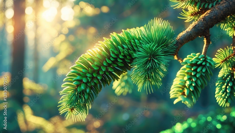 Poster close-up of vibrant green pine cones and foliage on a pine tree branch illuminated by sunlight in a 