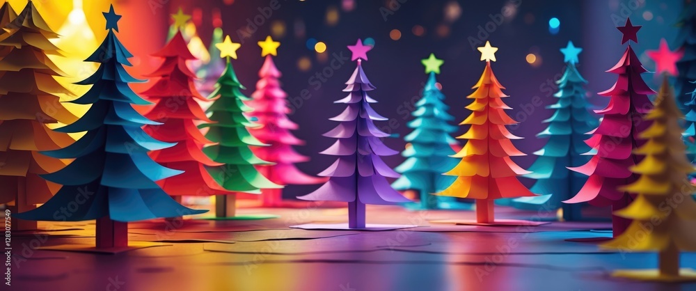 Poster colorful paper christmas trees in a minimalist setting creating a vibrant festive atmosphere for hol