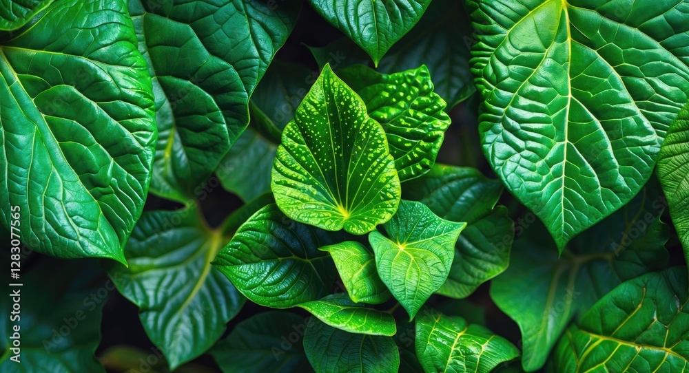 Poster Detailed closeup of lush green leaves showcasing intricate patterns and textures in a natural setting.