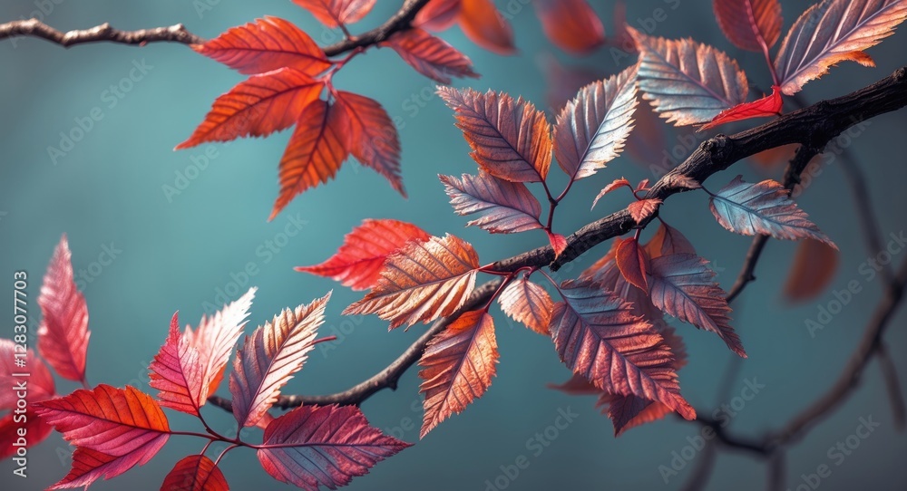 Poster vibrant close-up of autumn leaves on a branch showcasing intricate textures against a soft blue back