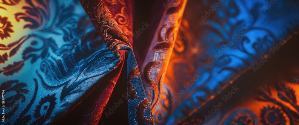 Poster Luxurious patterned curtains showcasing intricate designs and rich colors illuminated by soft light for elegant interior decor.