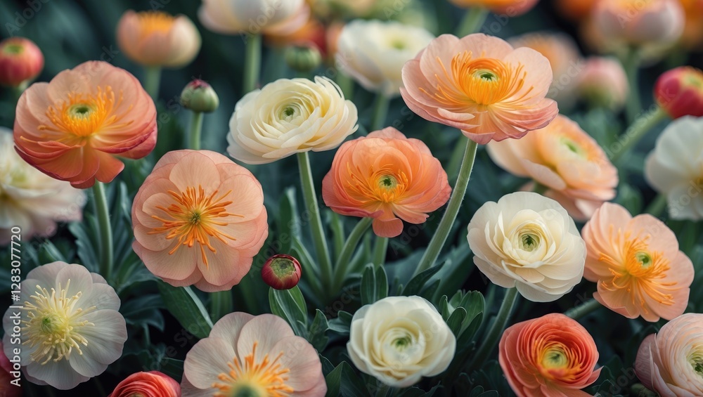 Poster colorful closeup of ranunculus flowers in spring blooms creating a vibrant floral display for use in