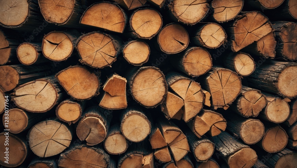 Poster Wood log stack texture showcasing various diameters and natural patterns ideal for rustic or nature-themed designs.