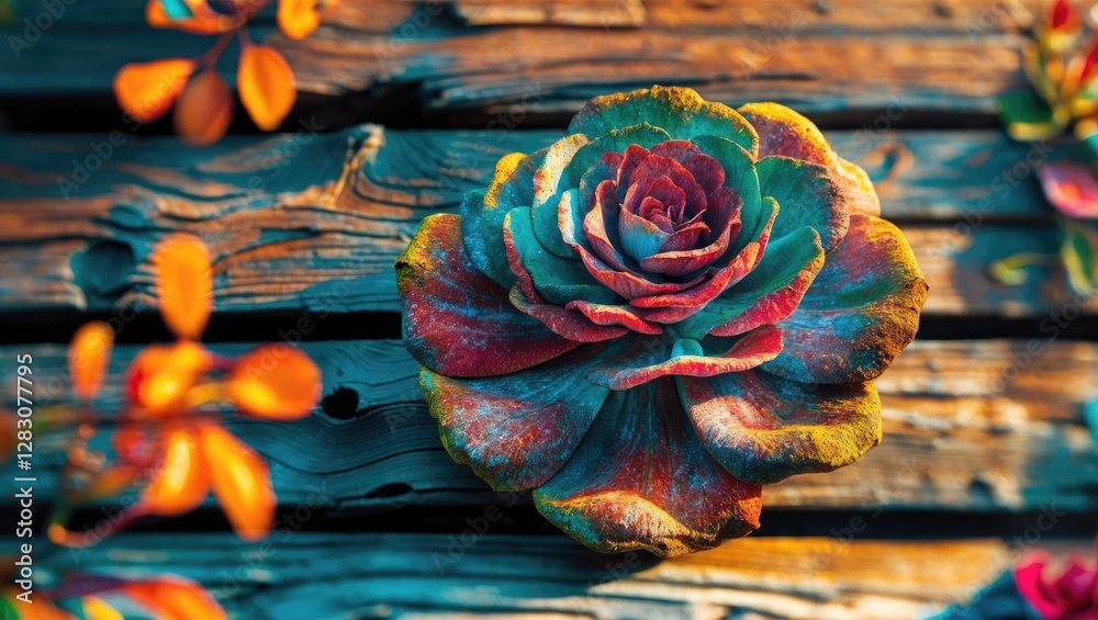Poster close up of a vibrant succulent on a textured wooden background showcasing natural colors and intric