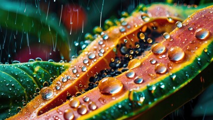 Fototapeta premium Close up of water droplets on vibrant papaya leaf capturing the essence of a refreshing rainy season with lush greenery.