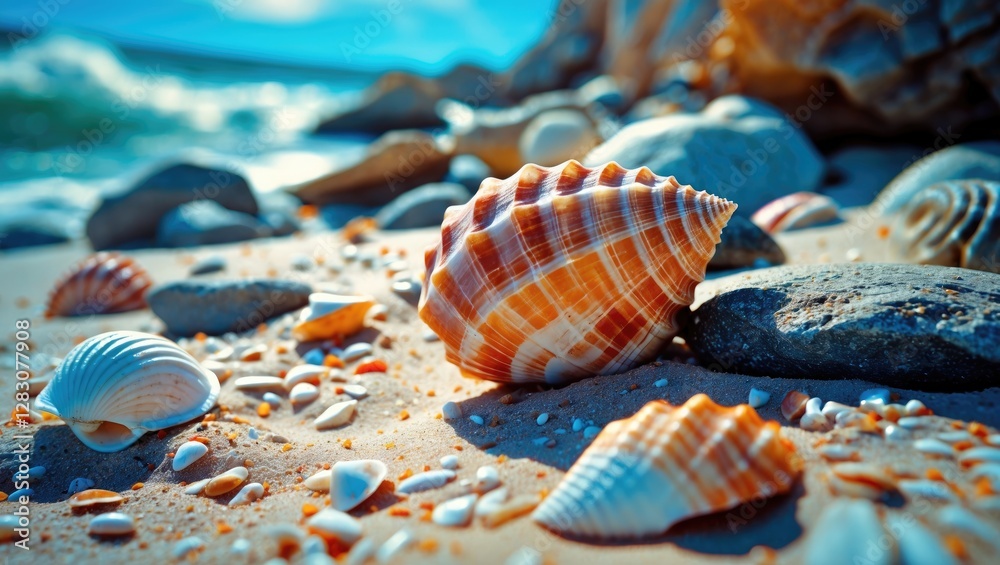 Poster Close up of colorful seashells and pebbles on sandy beach with gentle waves in the background under bright sunny sky
