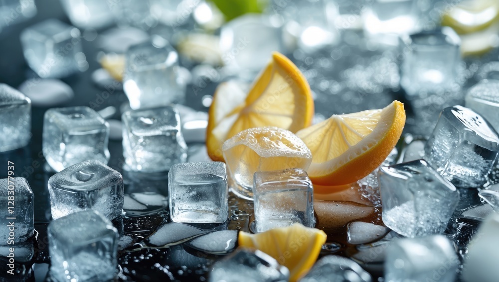 Poster Refreshing close-up of clear ice cubes with lemon slices on a shiny surface creating a cool and inviting beverage background.