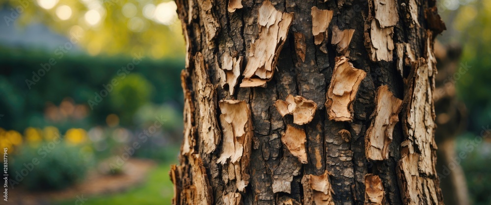 Aufkleber Closeup of textured dry bark on an old tree with a softly blurred garden background creating a natural and serene atmosphere.