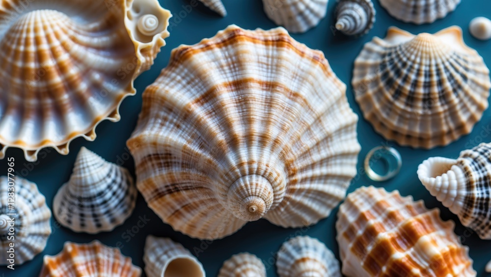 Poster Detailed Close Up of Various Ocean Shells Displayed on a Blue Background Showcasing Natural Patterns and Textures in Marine Life.