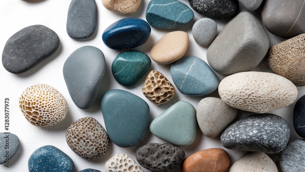 Poster Close-up view of a diverse collection of smooth ocean stones in various colors and textures isolated on a white background.